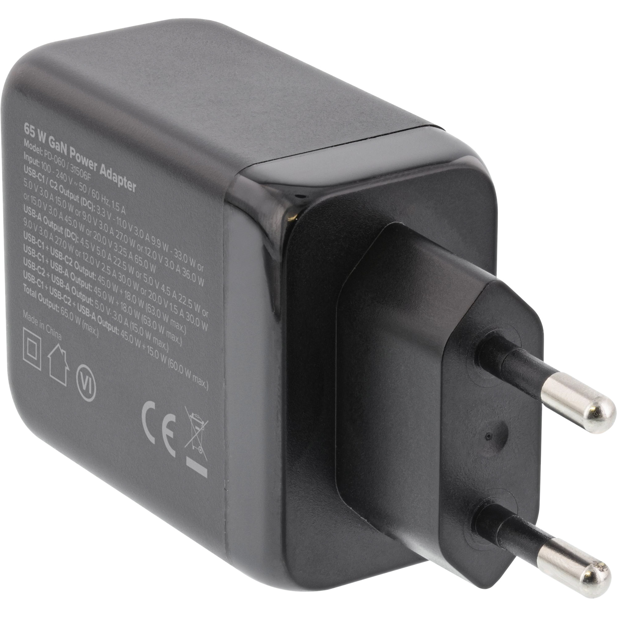 InLine USB PD Netzteil - GaN Ladegerät - 3-Port - Dual USB-C + USB-A - 65W - schwarz, Ansicht 4