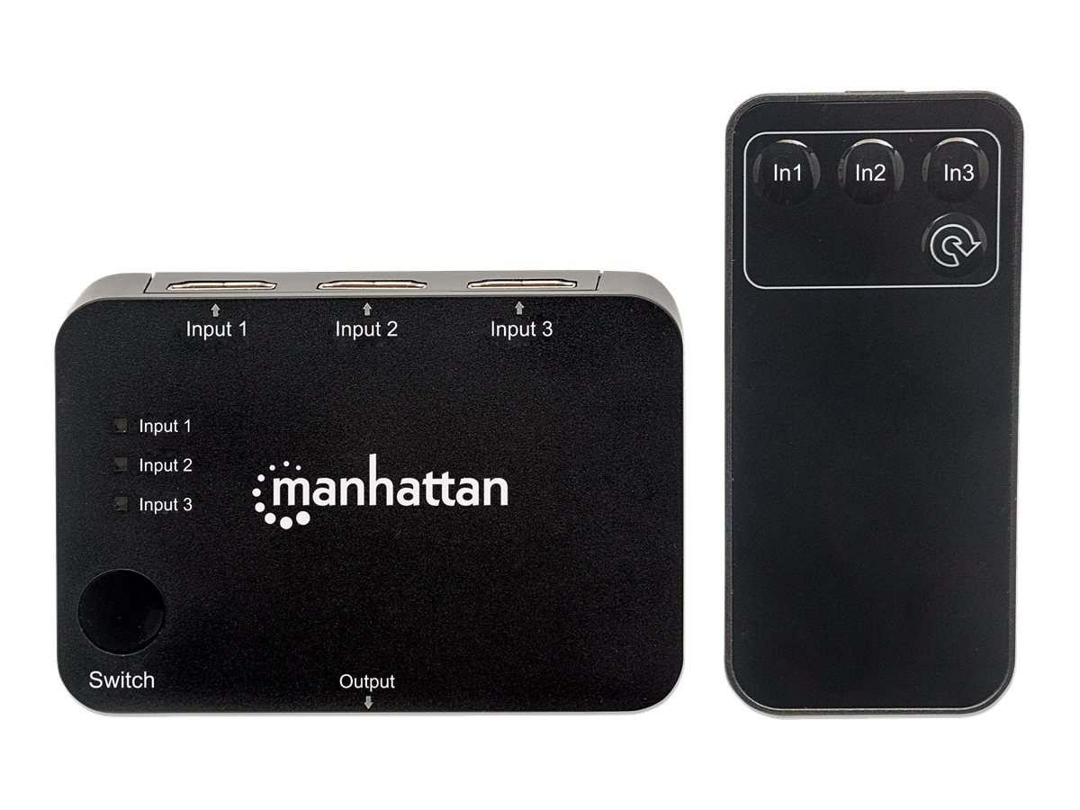 Manhattan HDMI Switch 3-Port , 4K@30Hz, Connects x3 HDMI sources to x1 display, Automatic and Manual Switching (via button), USB-A Powered (cable included, 0.7m), Black, Three Year Warranty, Retail Box - Video/Audio-Schalter - 3 x HDMI - Desktop