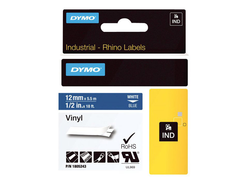 Dymo Rhino Coloured Vinyl - Vinyl - weiß auf blau - Rolle (1,2 cm x 5,5 m), Ansicht 3