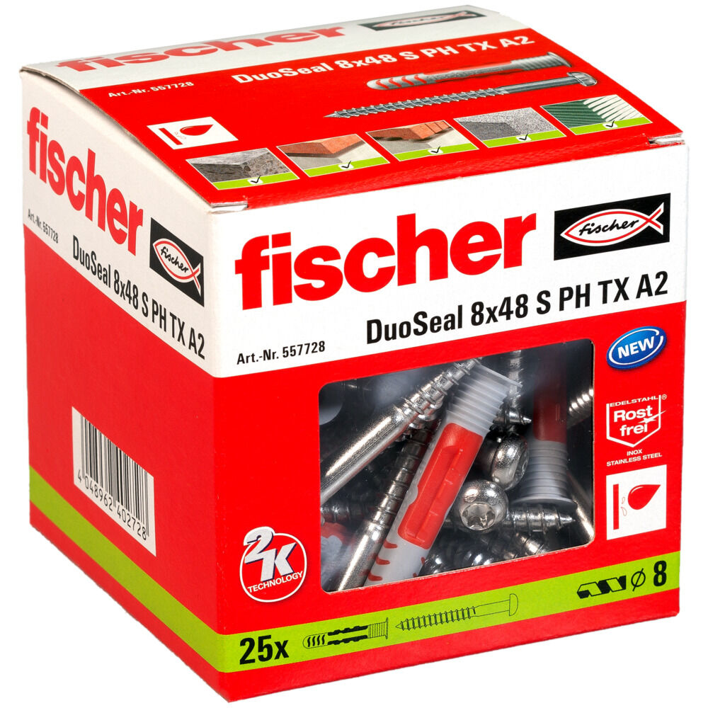 fischer DuoSeal 8 x 48 S PH TX A2 - Spreizdübel - Mauerziegel... - Nylon - Rot - Silber - TX30 - ETAG 022 - DIN 18534, Ansicht 3