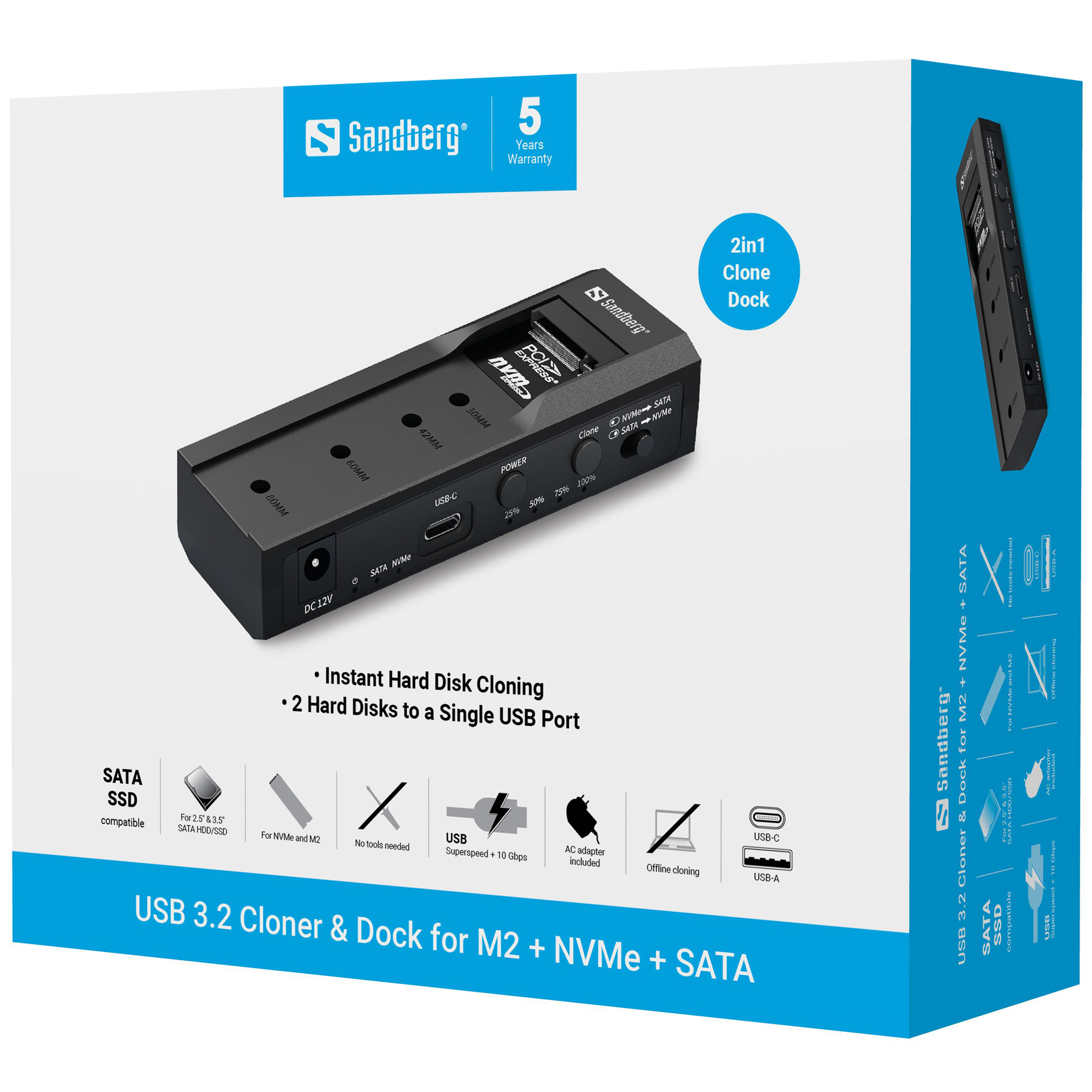 SANDBERG USB-3 Cloner+Dock M2+NVMe+SATA - SSD - SATA - Serial ATA II - Serial ATA III - 2.5,3.5,M.2 - USB 3.2 Gen 2, Ansicht 2