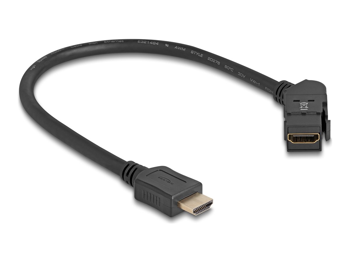 Delock HDMI-Verlängerungskabel - HDMI weiblich Winkel, für Montage an der Wand geeignet zu HDMI männlich - 30 cm - Schwarz - Keystone-Buchse, unterstützt 8K 60 Hz (7680 x 4320)