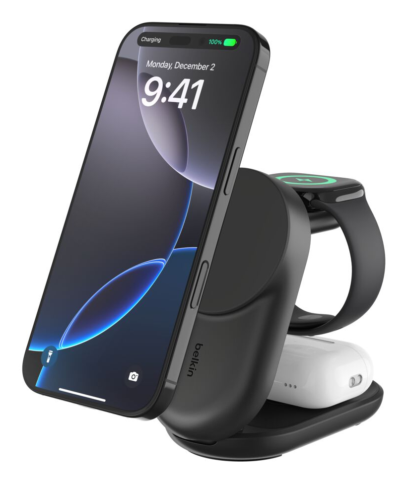 Belkin UltraCharge - Kabelloses Ladegerät - 3-in-1, magnetisch, faltbar, mit Qi2 + AC-Netzteil - Schwarz, Ansicht 3