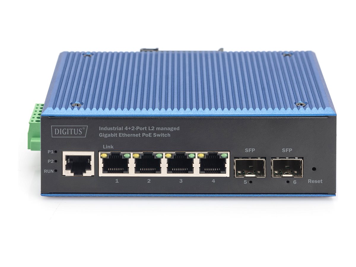 DIGITUS Industrieller 4+2-Port L2 managed Gigabit Ethernet PoE Switch
