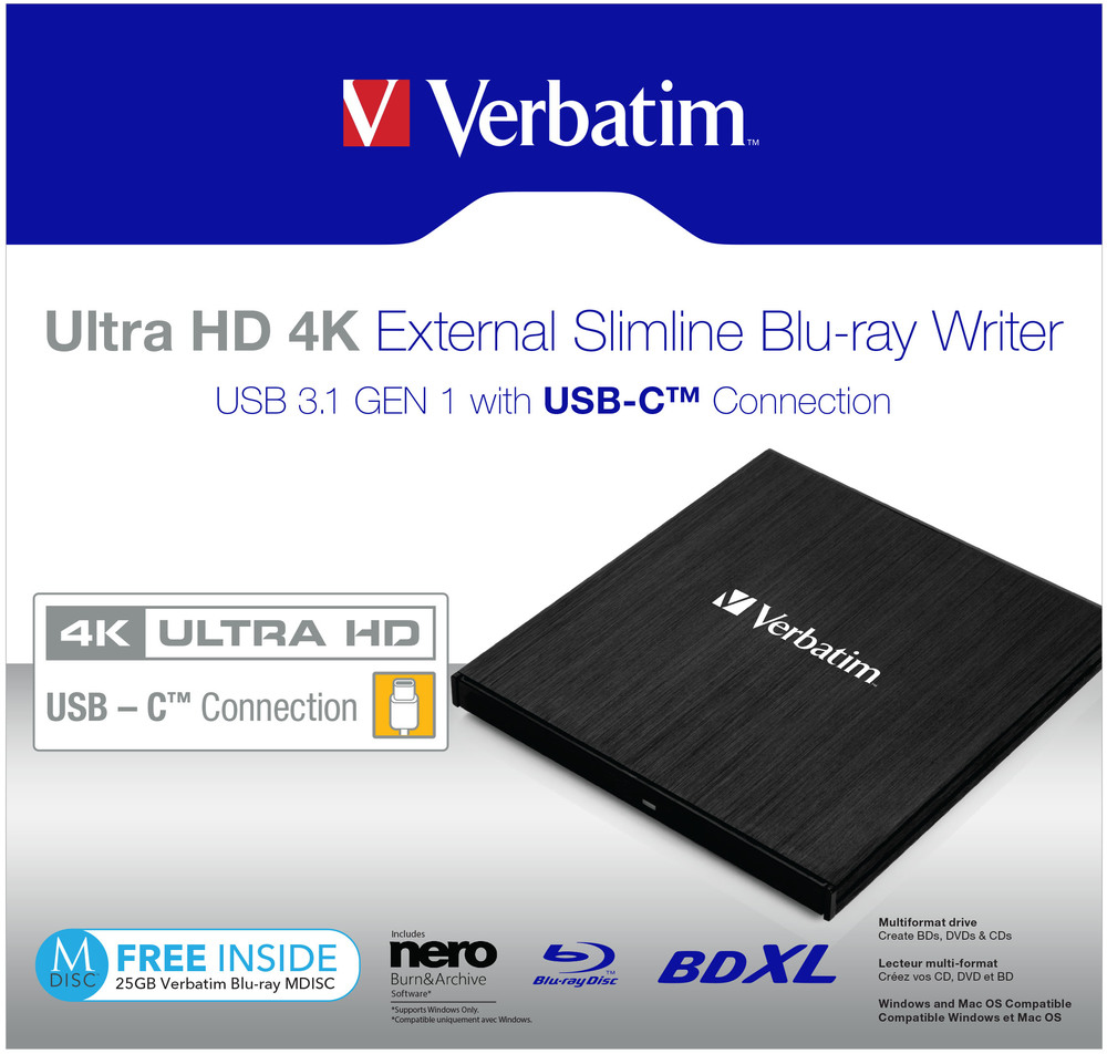 Verbatim Ultra HD 4K - Laufwerk - BDXL Writer - 6x/4x - SuperSpeed USB 3.1 Gen 1 - extern (13,3 cm Slim Line), Ansicht 2
