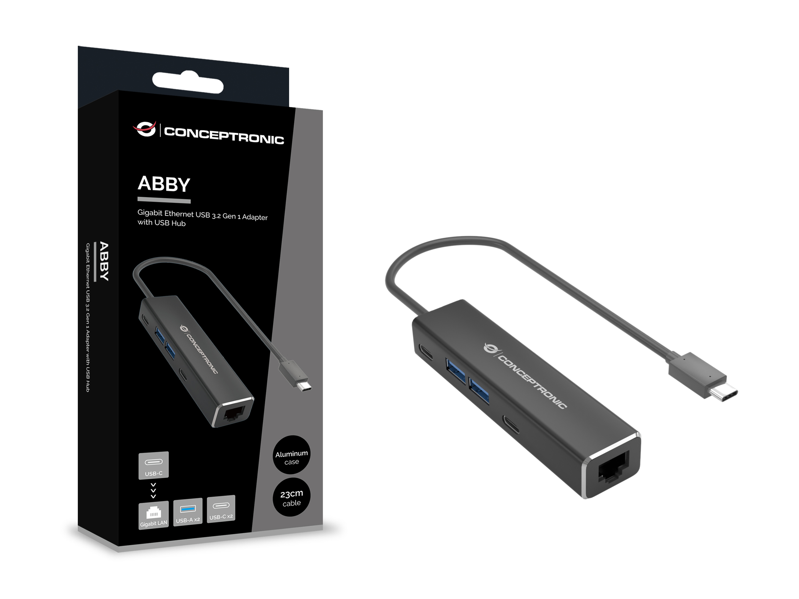 Conceptronic ABBY13B Gigabit Ethernet USB 3.2 Gen 1 Adapter mit USB-Hub - GbE - USB-A x 2 - USB-C x 2 - Kabelgebunden, Ansicht 3