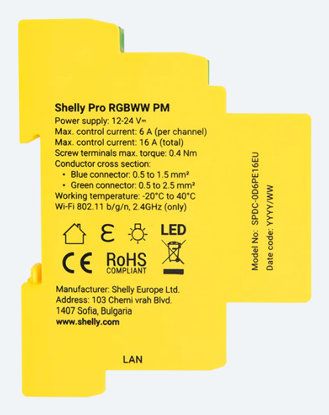 Shelly Pro RGBWW PM LED-Controller 5-fach, 16A, 1TE REG, Schaltaktor mit Dimmer, Ansicht 4
