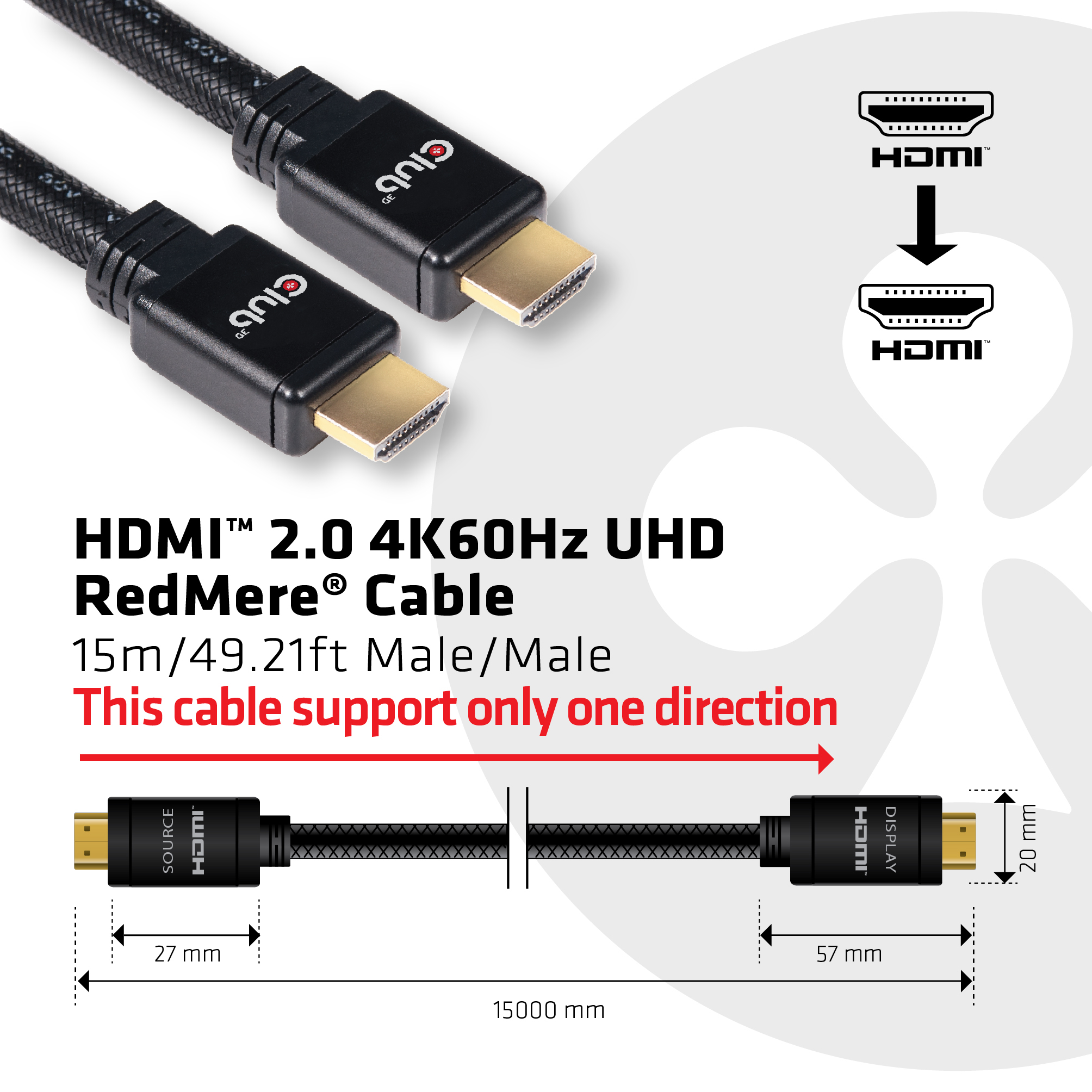 Club 3D CAC-2314 - HDMI mit Ethernetkabel - HDMI (M) - bis HDMI (M) - 15 m - RedMere Technology - 4K Unterstützung, Ansicht 2