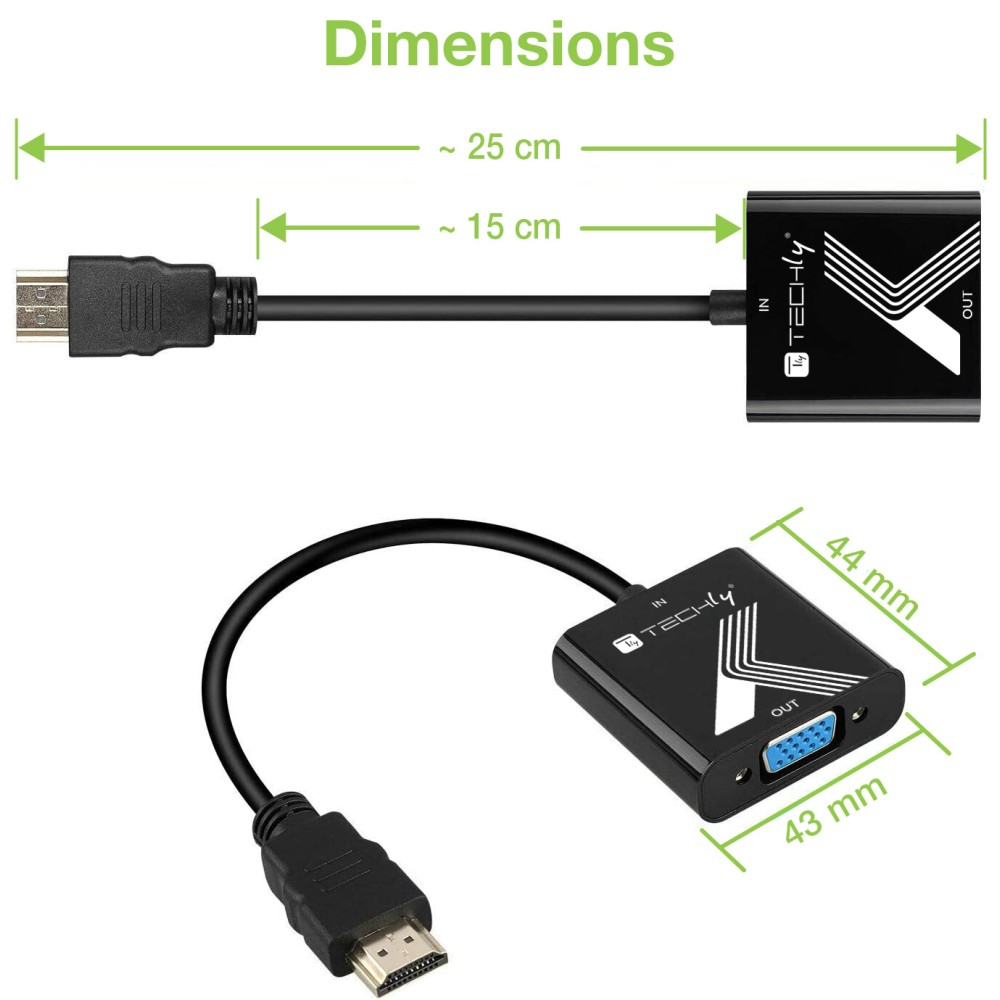 Techly IDATA HDMI-VGA2P - Schwarz - 0,1 m - 1920 x 1200 Pixel - 480p - 576p - 720p - 1080p - 60 Hz - 48 kHz, Ansicht 3