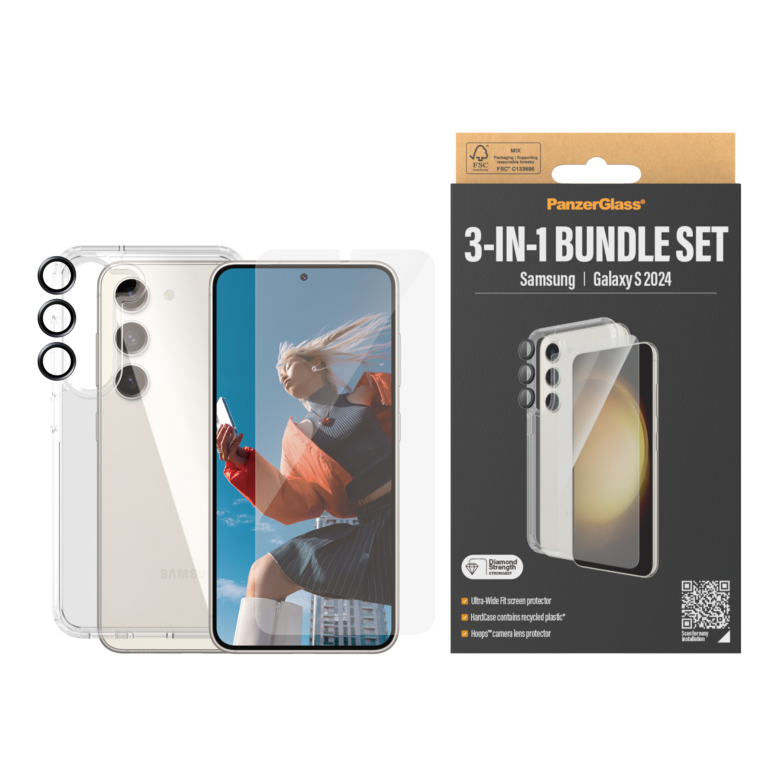 PanzerGlass 3-in-1 Schutzpacket - hintere Abdeckung für Samsung Galaxy S24 - ultraweite Passform mit EasyAligner, Ansicht 3