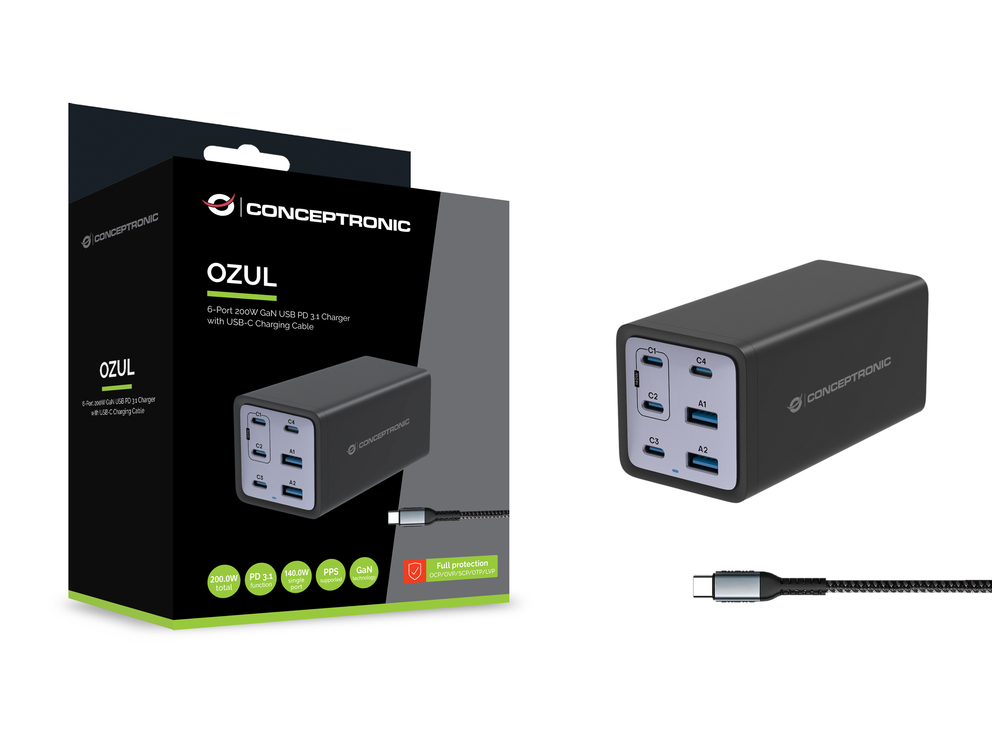 Conceptronic OZUL06BE 6-Port 200W USB-C Ladegerät, Ansicht 2
