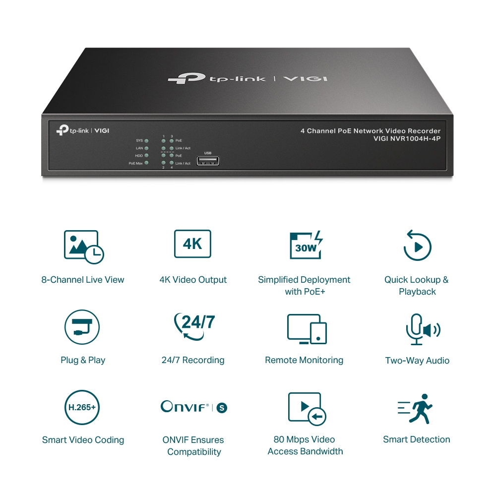 TP-LINK VIGI NVR1004H-4P V1 - NVR - 4 Kanäle - netzwerkfähig, Ansicht 2