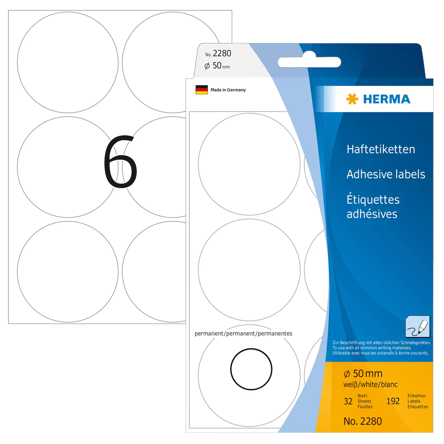 HERMA Papier - matt - permanenter Klebstoff - weiß - 50 mm rund 192 Etikett(en) (32 Bogen x 6), Ansicht 4