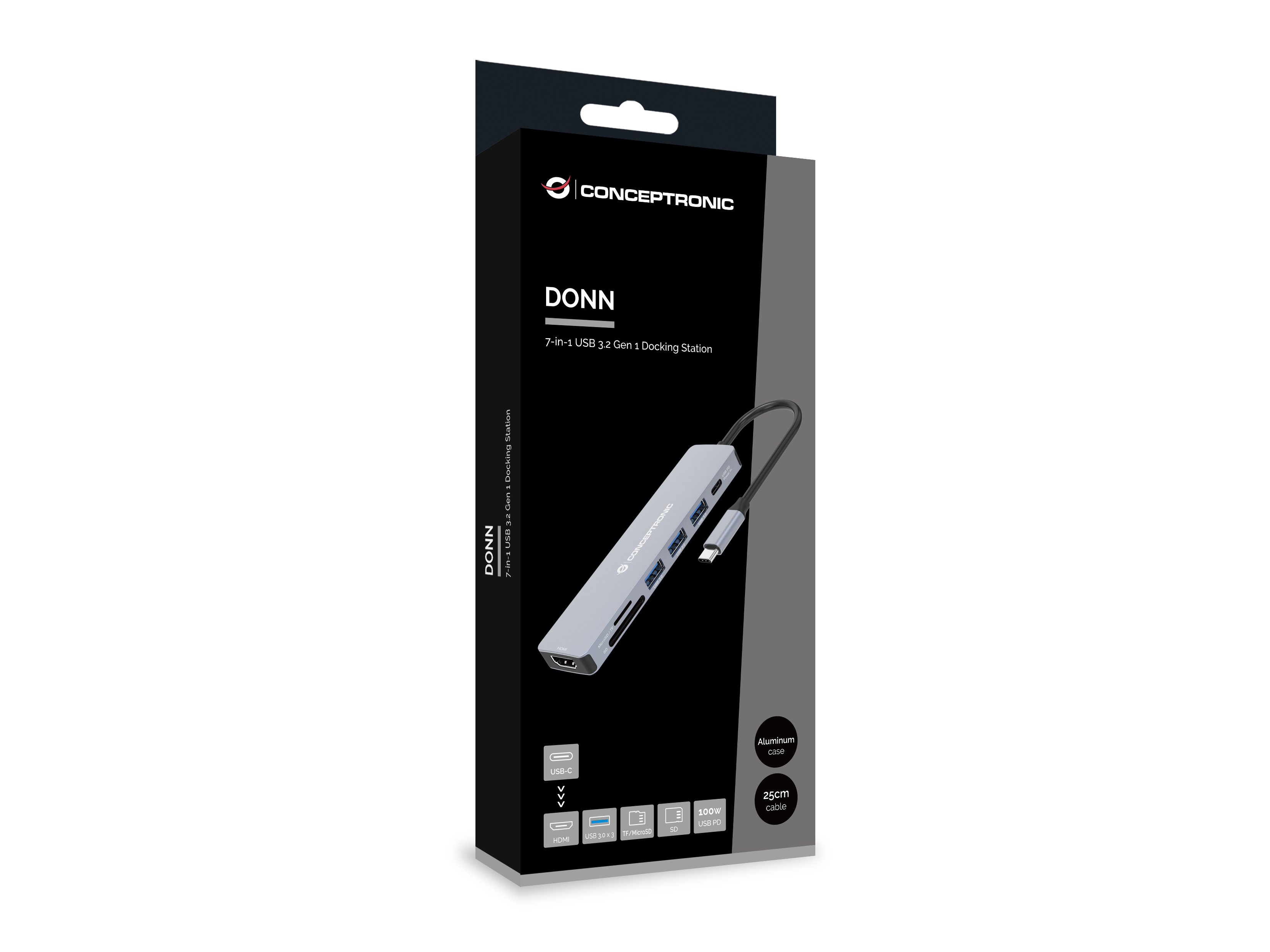 Conceptronic DONN19G 7-in-1 USB 3.2 Gen 1 Dockingstation - HDMI - USB-A 3.0 x 3 - SD - TF/MicroSD - 100W USB PD, Ansicht 4