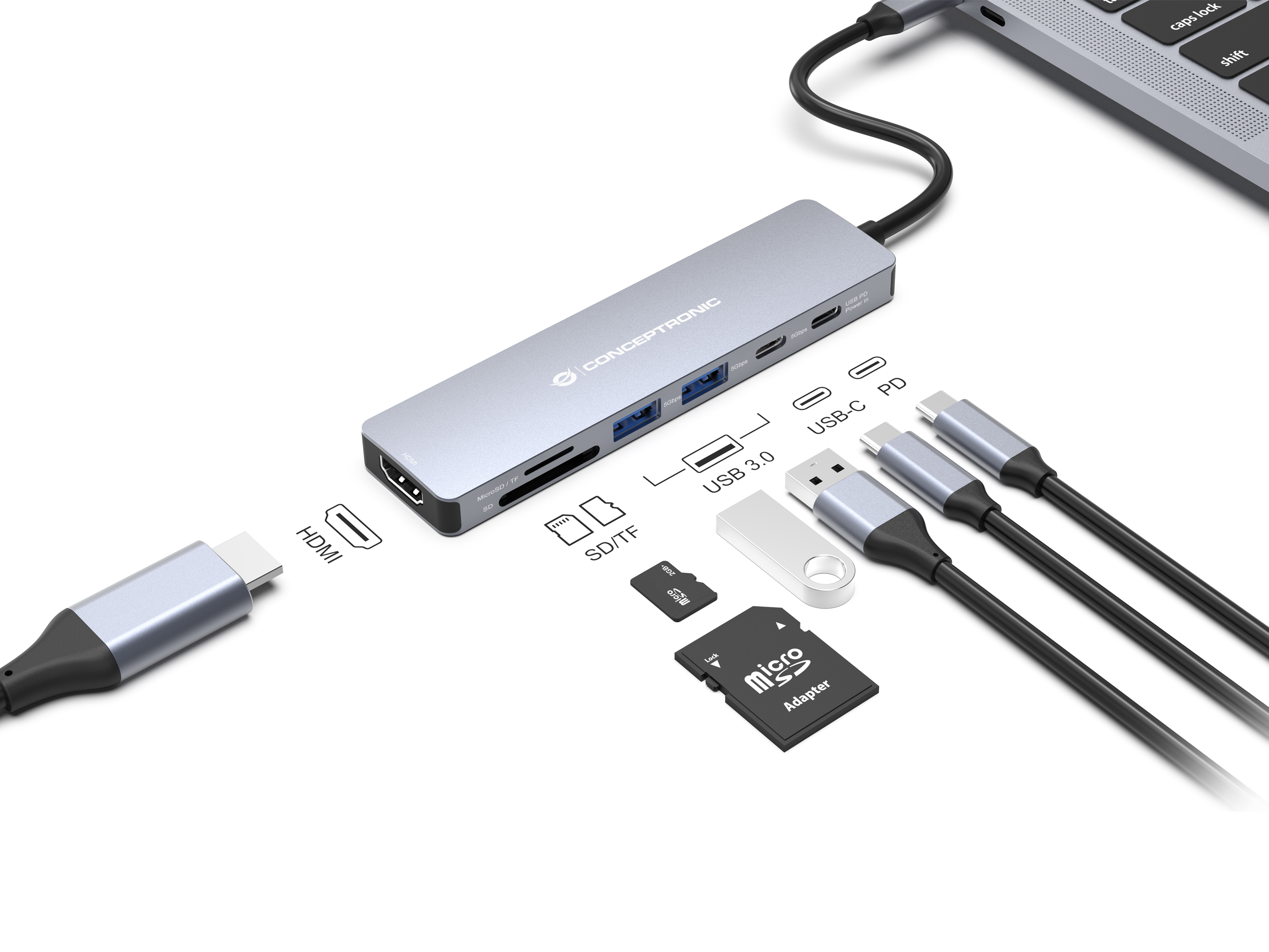 Conceptronic Dock USB-C->HDMI 2xUSB-A 2xUSB-C SD TF 0.25m, Ansicht 3