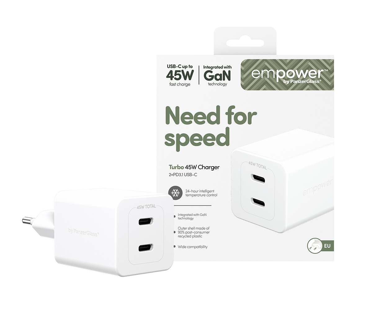 PanzerGlass empower by PanzerGlass - Netzteil - 45 Watt - Power Delivery 3.1 - 2 Ausgabeanschlussstellen (24 pin USB-C), Ansicht 2