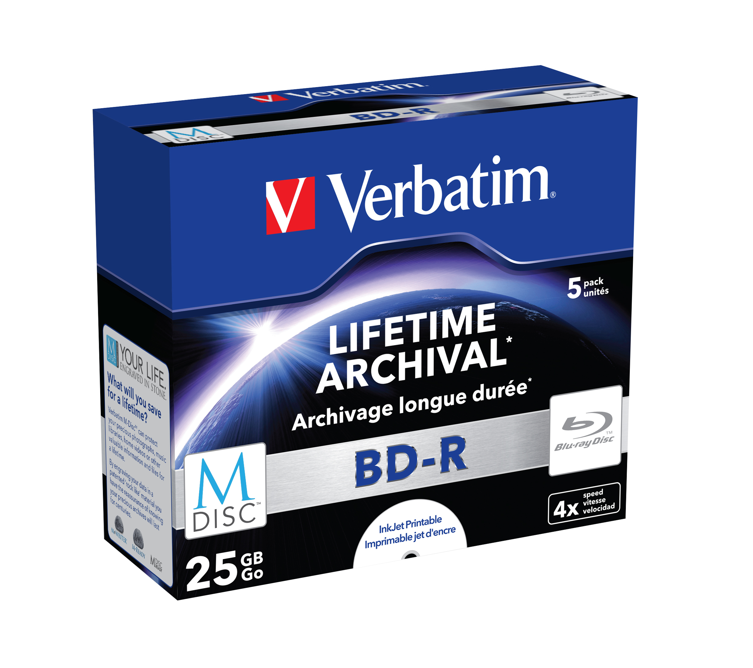 Verbatim M-Disc - 5 x BD-R - 25 GB 4x - mit Tintenstrahldrucker bedruckbare Oberfläche - Jewel Case (Schachtel), Ansicht 3
