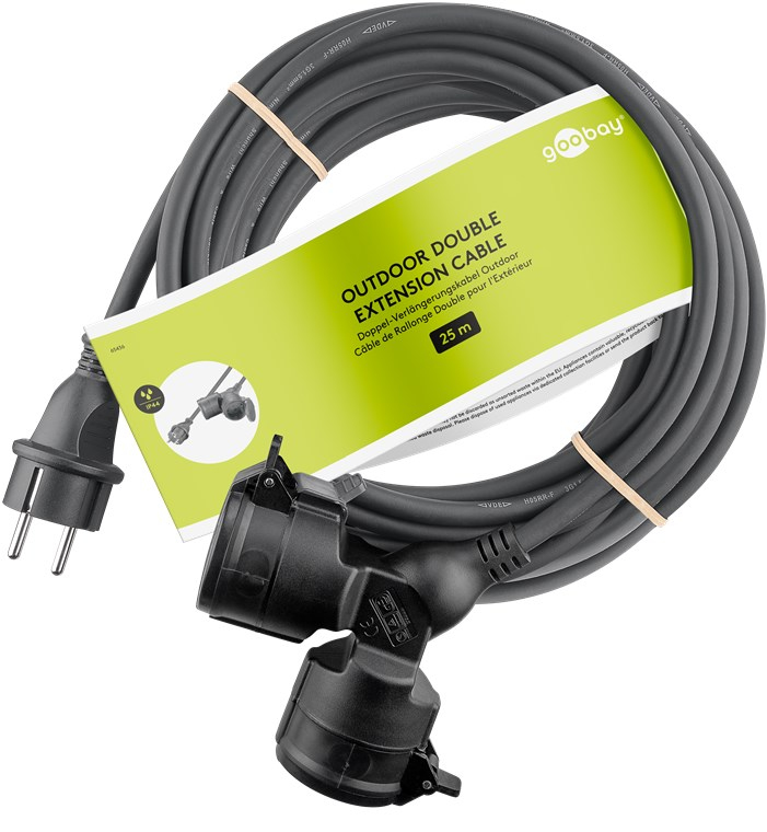 Goobay Doppel-Verlängerungskabel Outdoor 25 m schwarz - Schutzkontaktstecker Hybrid Typ - Kabel - Verlängerungskabel, Ansicht 3