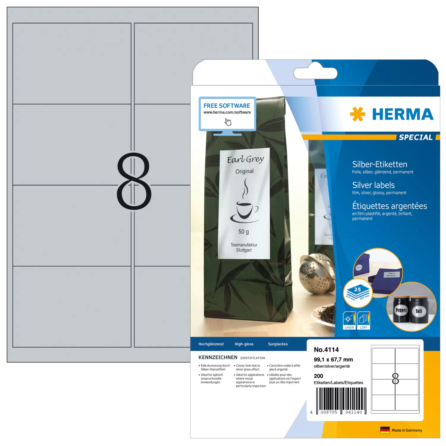 HERMA Special - Polyester - glänzend - permanent selbstklebend - Silber - 99.1 x 67.7 mm 200 Etikett(en) (25 Bogen x 8), Ansicht 2