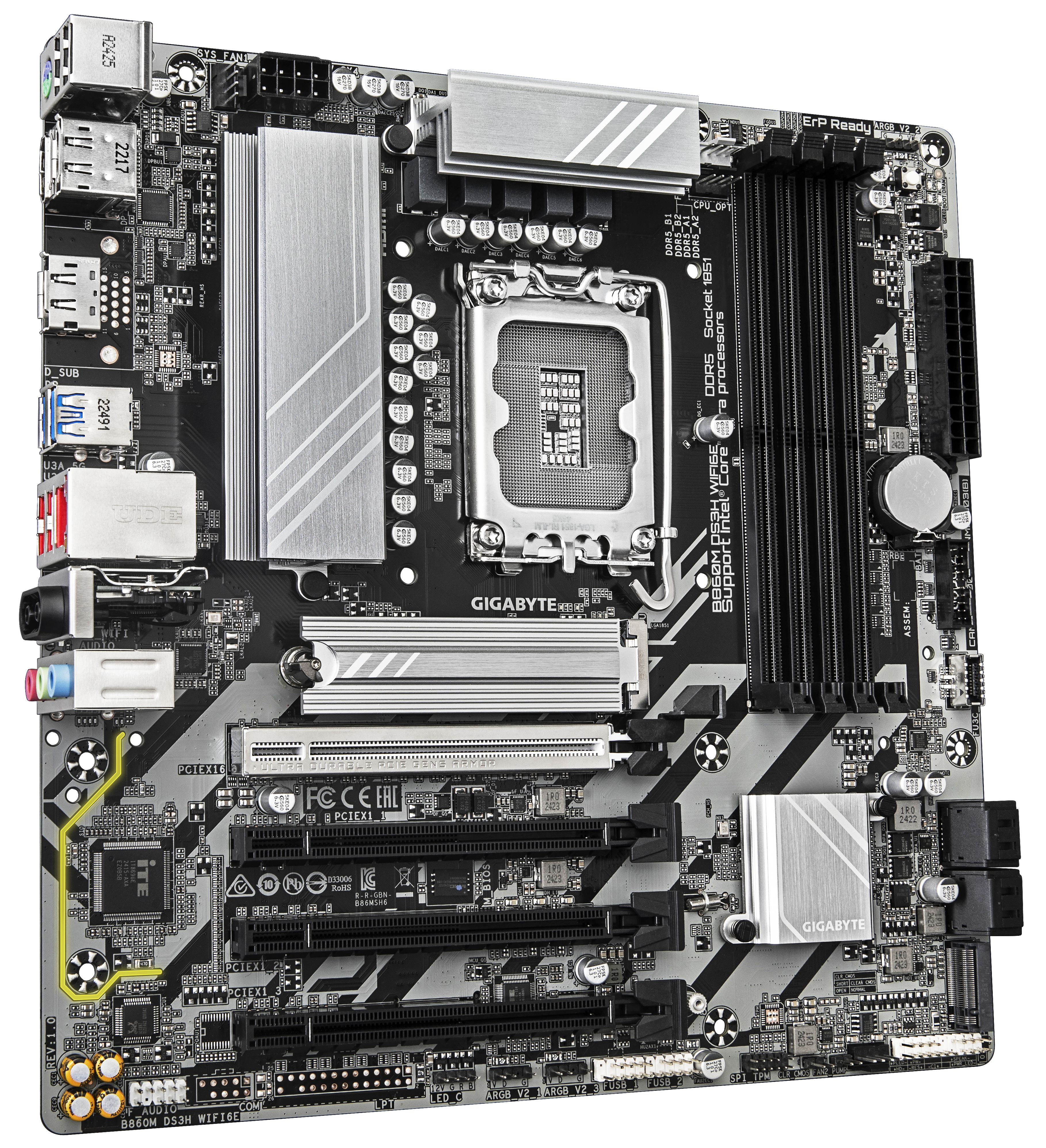 Gigabyte B860M DS3H WIFI6E - Motherboard - ATX - LGA1851-Sockel - AMD B850 Chipsatz - Onboard-Grafik (CPU erforderlich), Ansicht 3
