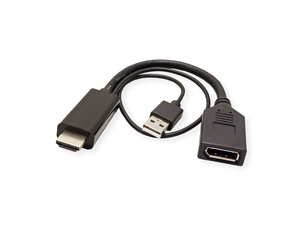 ROLINE Adapterkabel - HDMI, USB (nur Strom) männlich zu DisplayPort weiblich - 15 cm - Schwarz - aktiv, Unterstützung für 4K60Hz (3840 x 2160)