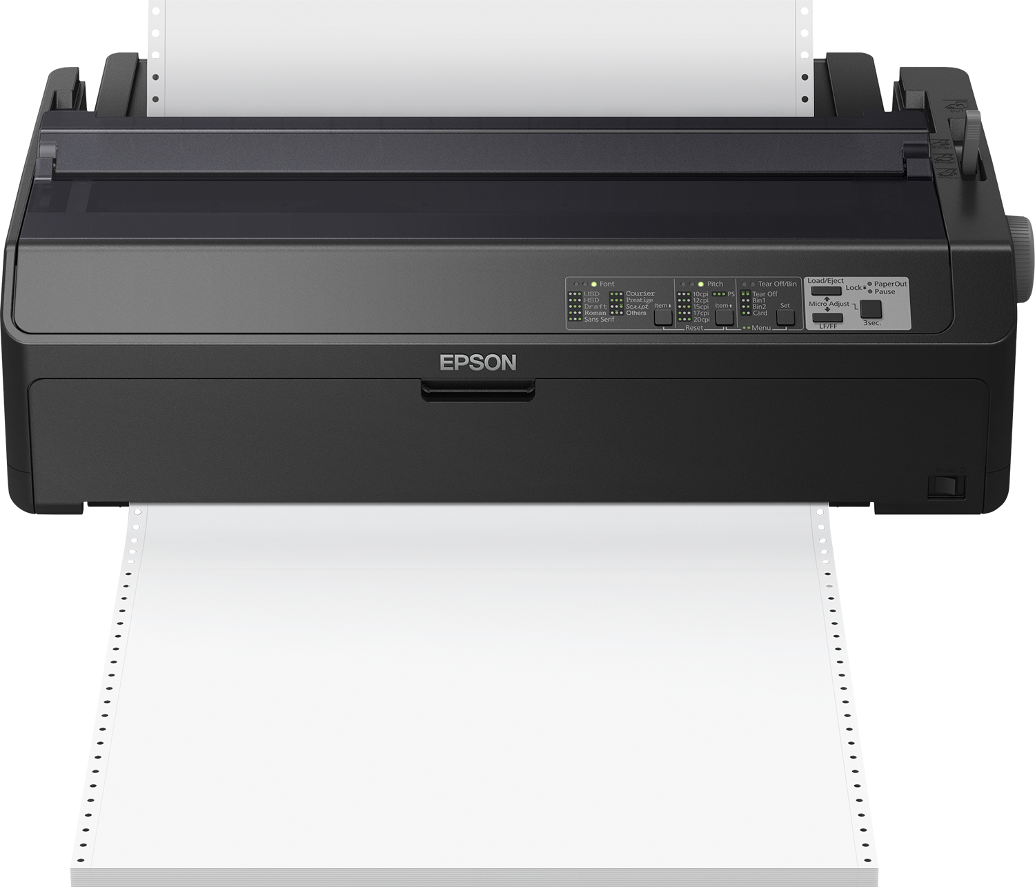 Epson LQ-2090II, 550 Zeichen pro Sekunde, 10 Zeichen pro Zoll, 6 Kopien, Code 128 (A/B/C), Code 39, EAN13, EAN8, Interleaved 2/5, POSTNET, UPC-A, UPC-E, Briefumschläge, 0,12 - 0,46 mm