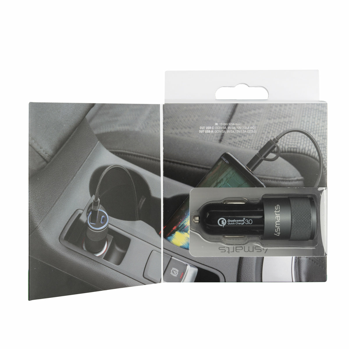 4smarts Rapid+ - Auto-Netzteil - 27 Watt - 3 A - QC 3.0, PD - 2 Ausgabeanschlussstellen (USB, 24 pin USB-C), Ansicht 4