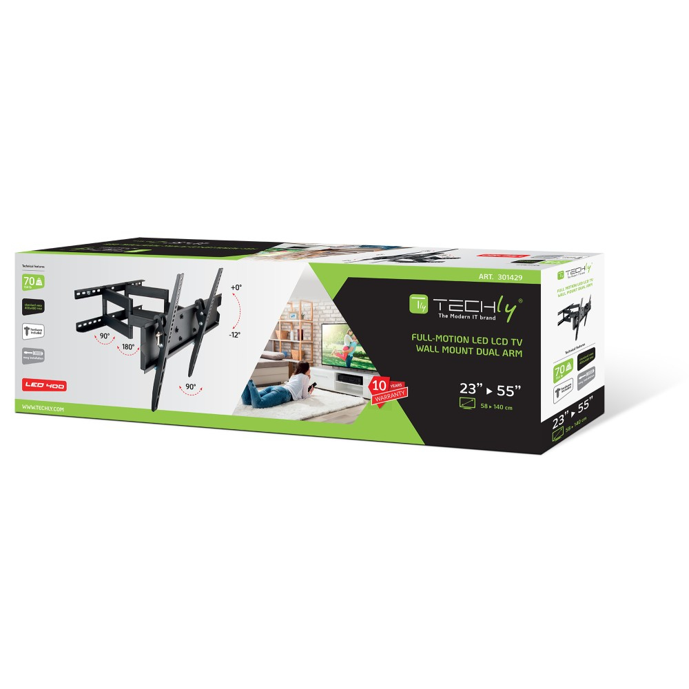 Techly MOTION LED400 - Befestigungskit (Wandmontage, Doppelarm) für Flachbildschirm - Schwarz, Ansicht 3