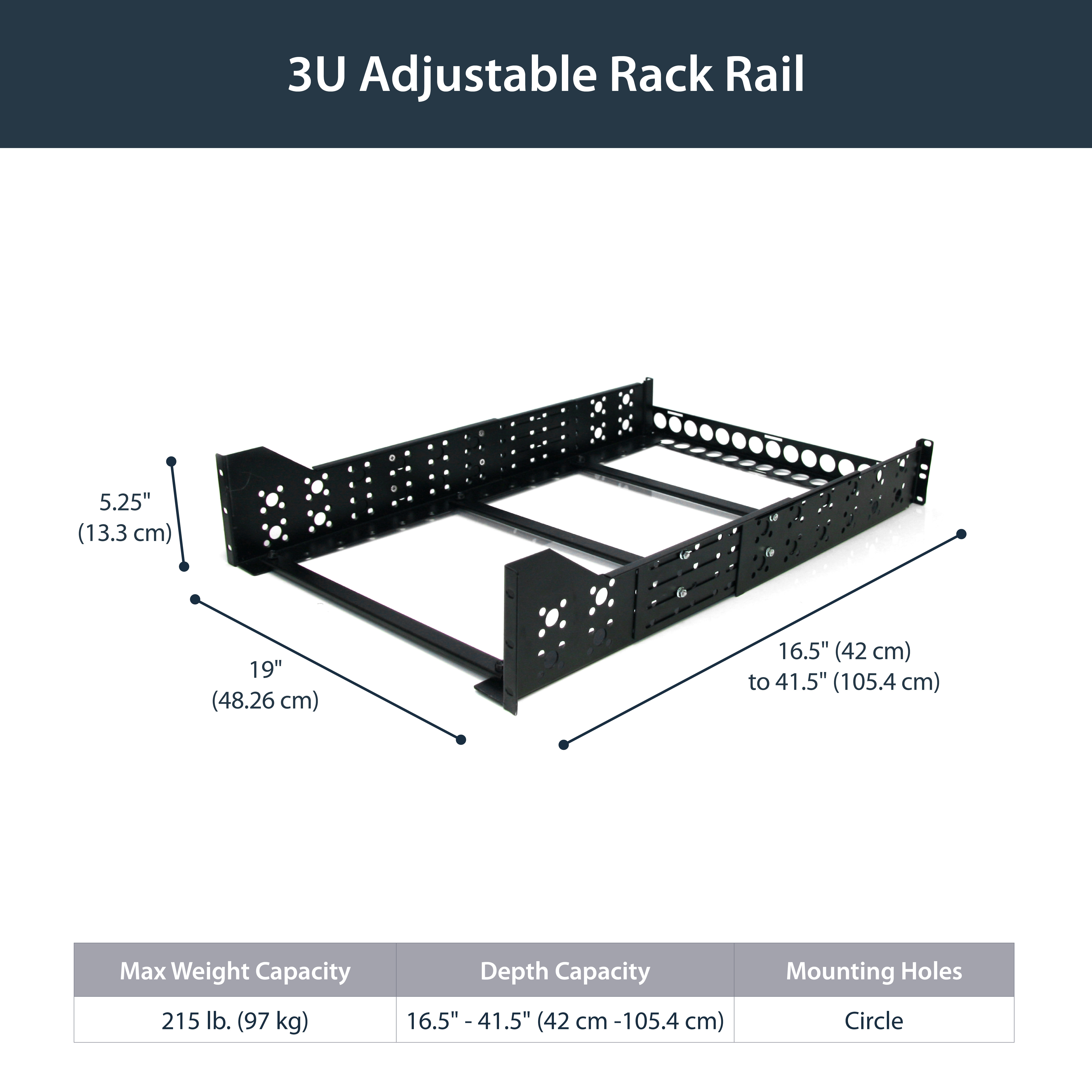 StarTech.com 3HE 19 tiefenverstellbare Universal Server Rack Schienen - Rack-Schiene - Schwarz - 3U - 48.3 cm (19), Ansicht 2