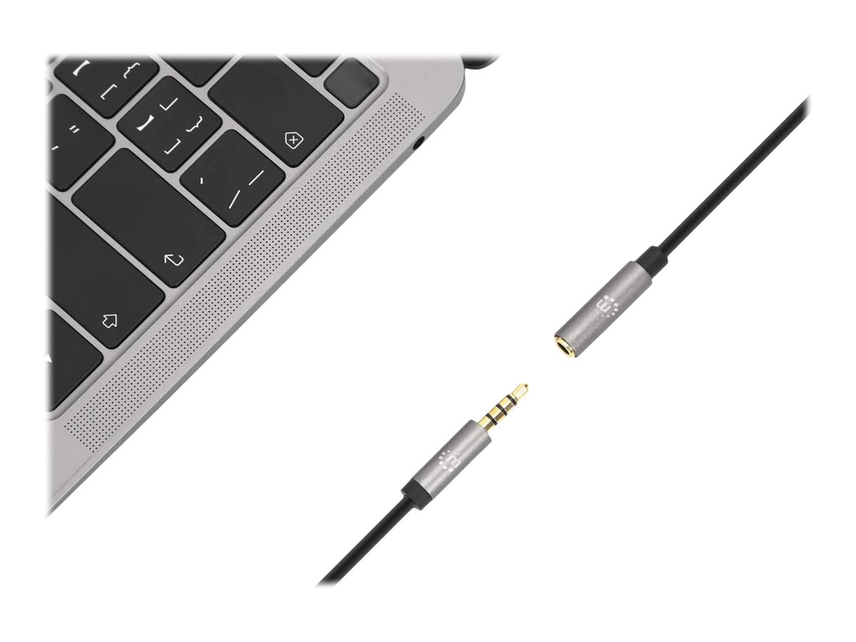 Manhattan Stereo Audio 3.5mm Extension Cable, 1m, Male/Female, Slim Design, Black/Silver, Premium with 24 karat gold plated contacts and pure oxygen-free copper (OFC)
