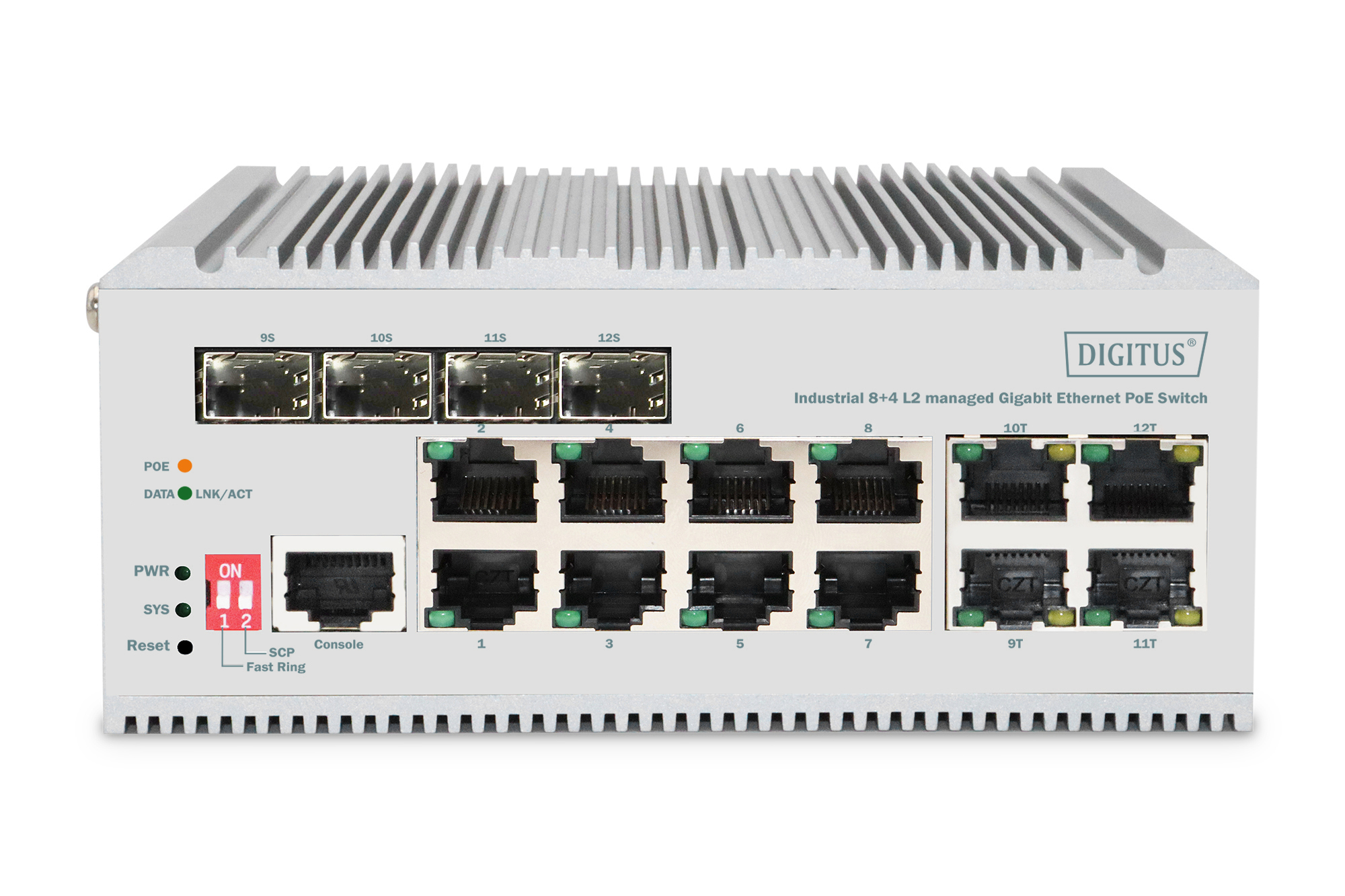 DIGITUS 8 Port Gigabit Ethernet Netzwerk PoE Switch, Industrial, L2 managed, 4 SFP Uplink, Ansicht 3