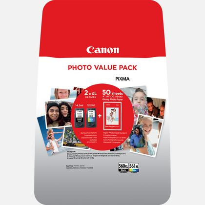 Canon PG 560XL/CL-561XL Photo Value Pack Sort Farve (cyan, magenta, gul) 100 x 150 mm 50ark Blæk/papirsæt 3712C004