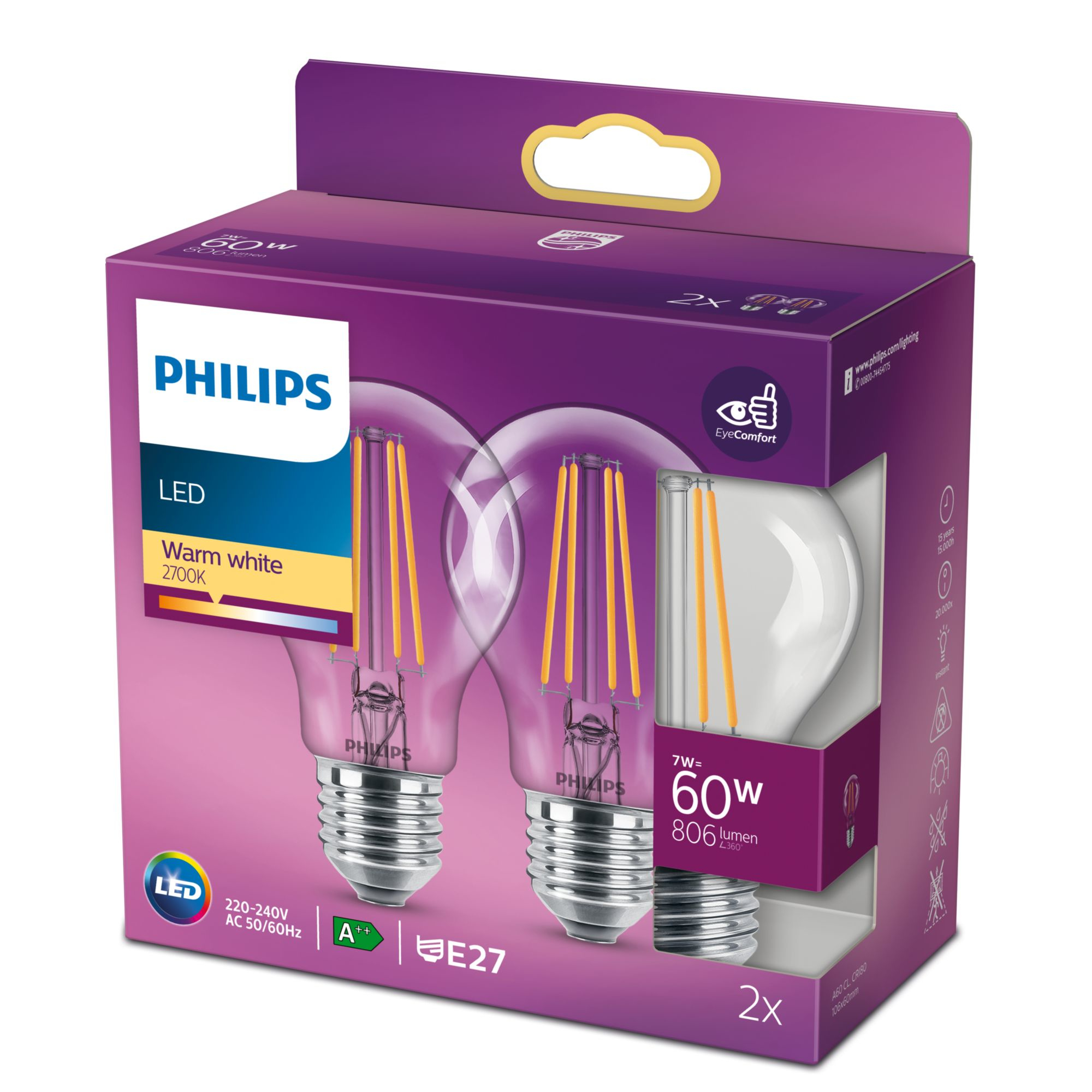 Philips Filament-Lampe - transparent - 60W A60 E27 x2 - 7 W - 60 W - E27 - 806 lm - 15000 h - Warmweiß, Ansicht 2