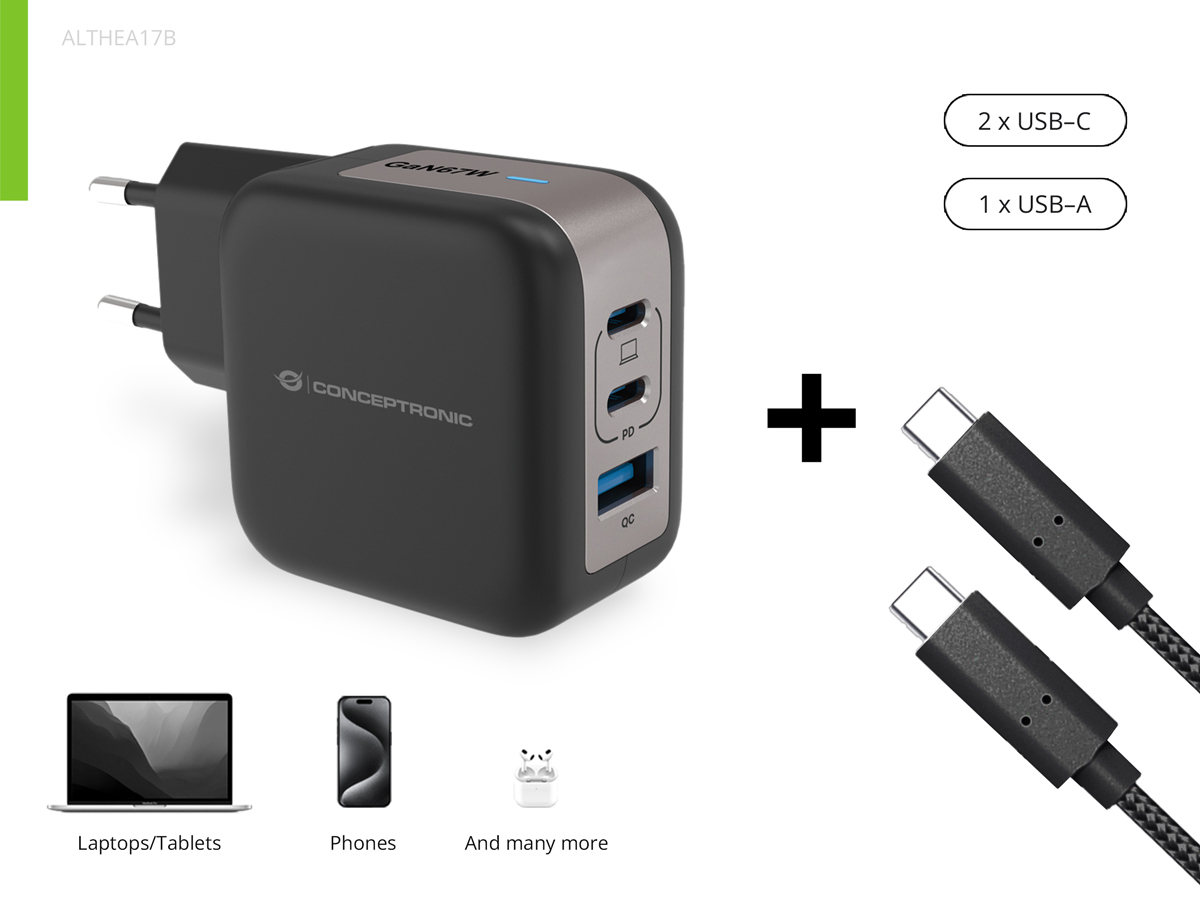 Conceptronic Ladegerät 3Port 67W 2xUSB-C 1xUSB-a+3-in-1 sw, Ansicht 4