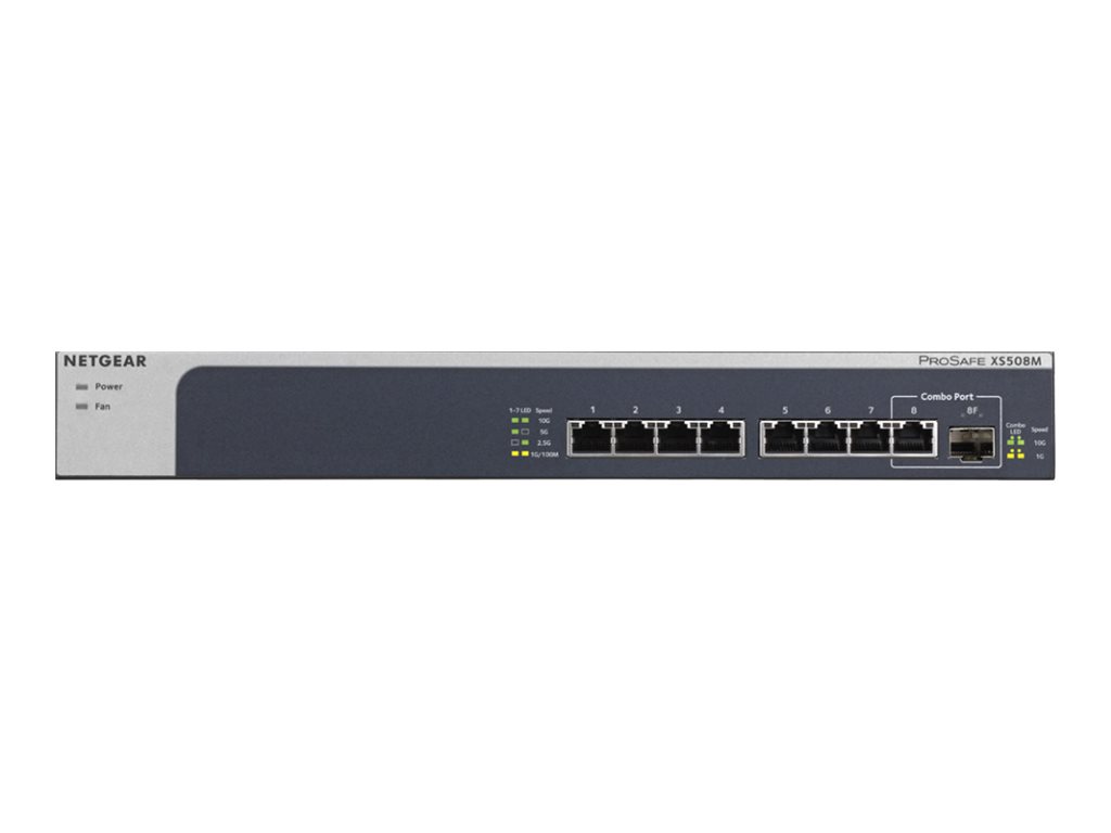 NETGEAR XS508M - Switch - unmanaged - 7 x 10 Gigabit Ethernet + 1 x 10 Gigabit Ethernet / 10 Gigabit Ethernet SFP+ - Desktop, an Rack montierbar