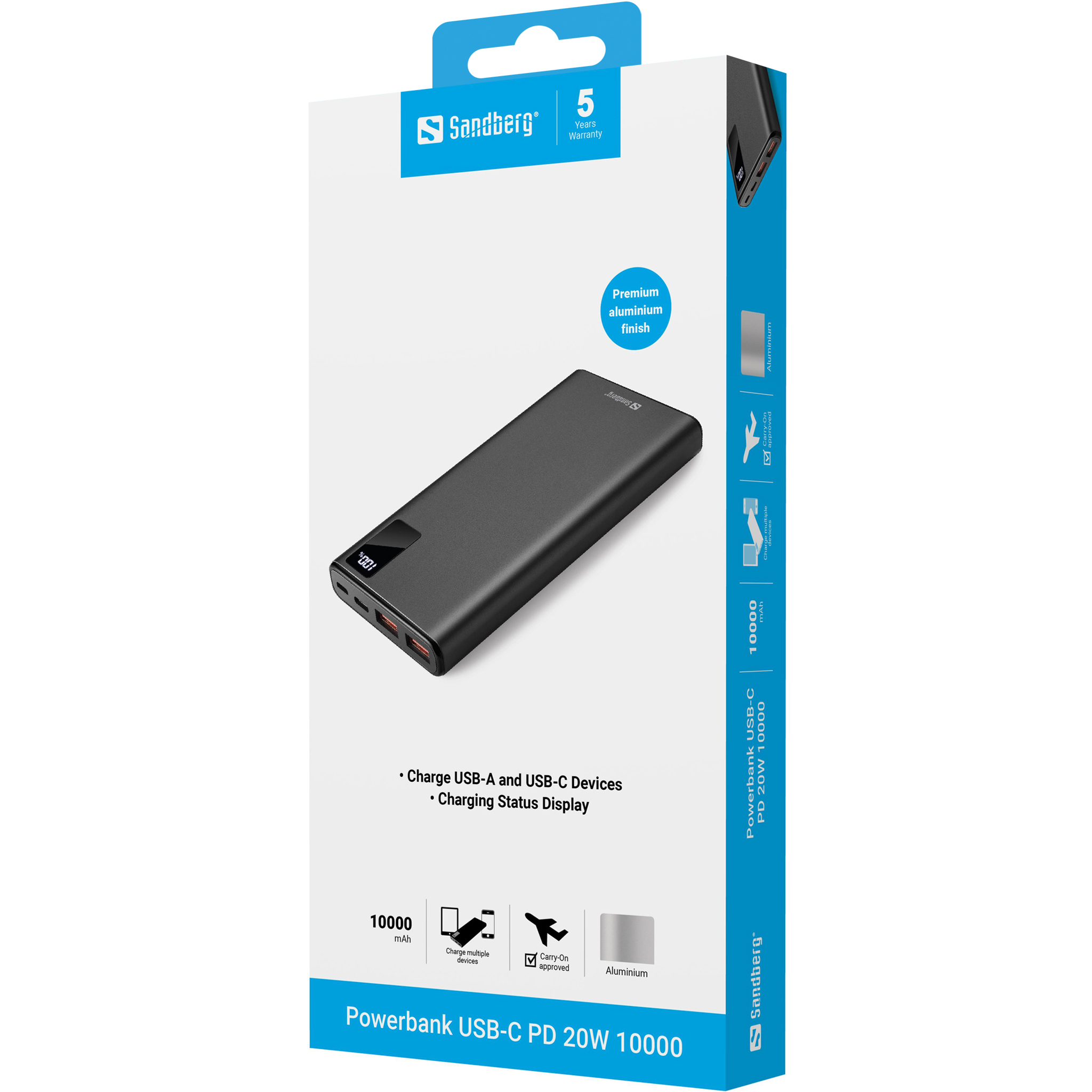 SANDBERG Powerbank - 10000 mAh - 37 Wh - 20 Watt - 3 A - PD, QC 3.0 - 3 Ausgabeanschlussstellen (2 x USB, 24 pin USB-C), Ansicht 2