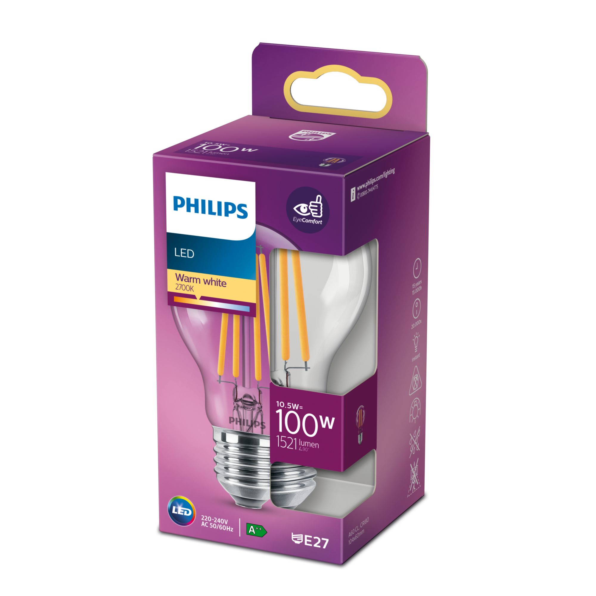 Philips Glühbirne mit LED-Filament - Form: A60 - klar Finish - E27 - 10.5 W (Entsprechung 100 W), Ansicht 2