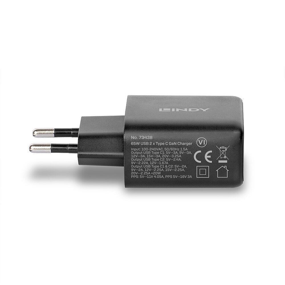 Lindy Netzteil - 65 Watt - 4.05 A - Power Delivery 3.0 + PPS, QC 4.0 - 2 Ausgabeanschlussstellen (24 pin USB-C), Ansicht 4