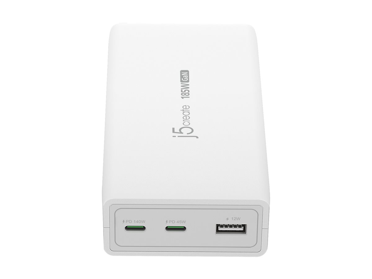 j5create JUP37185W-EN - Netzteil - GaN - 185 Watt - 5 A - Power Delivery 3.1 - USB Typ A, 2 x USB-C), Ansicht 2