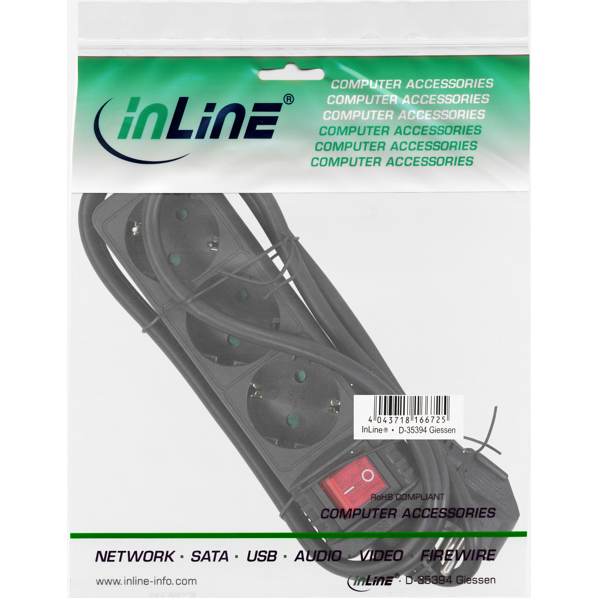 InLine Steckdosenleiste - 3-fach Schutzkontakt - mit Schalter - schwarz - 1,5m, Ansicht 4