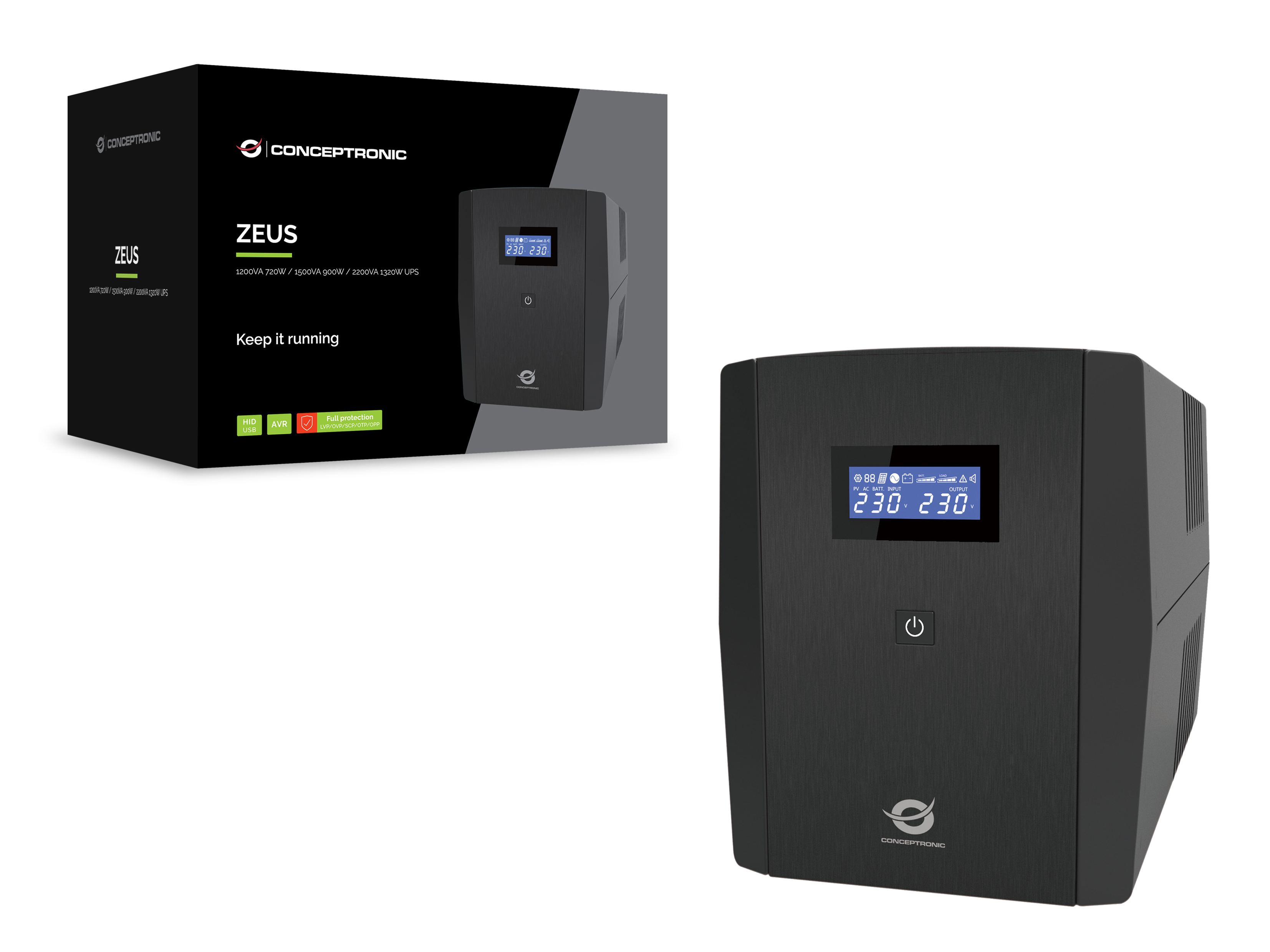Conceptronic ZEUS03G 1200VA 720W USV - 4x UK-Steckdosen - HID-USB - RJ45 Ein/Aus - mit AVR-Funktion - Line-Interaktiv, Ansicht 3