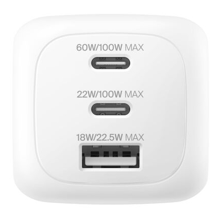 Belkin BoostCharge Pro - Netzteil - GaN - 100 Watt - PD 3.1/PPS - 3 Ausgabeanschlussstellen (2 x USB-C, USB), Ansicht 2