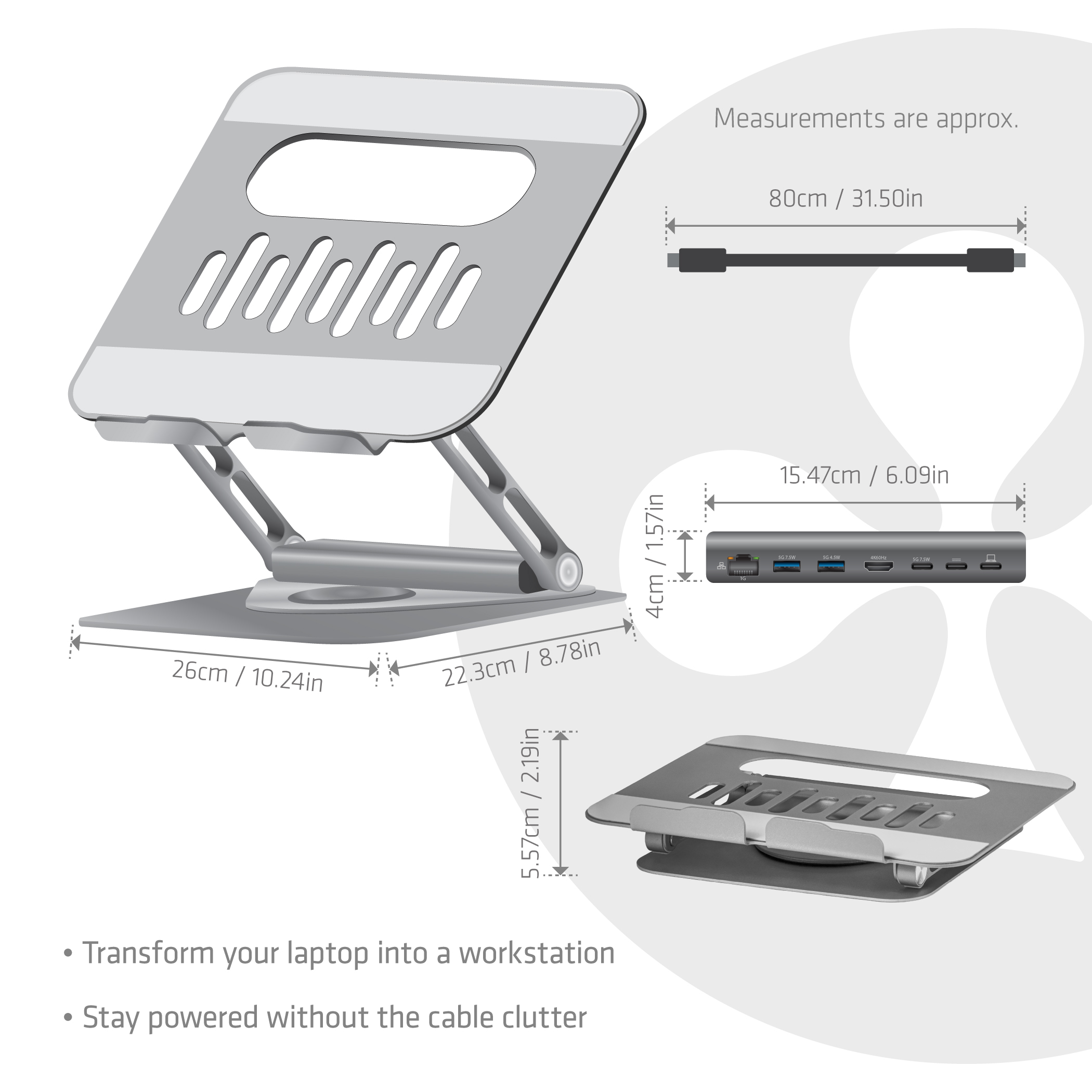 Club 3D Adjustable Aluminium Laptop Stand with USB-C Hub 4K60Hz 100W 360, Ansicht 3