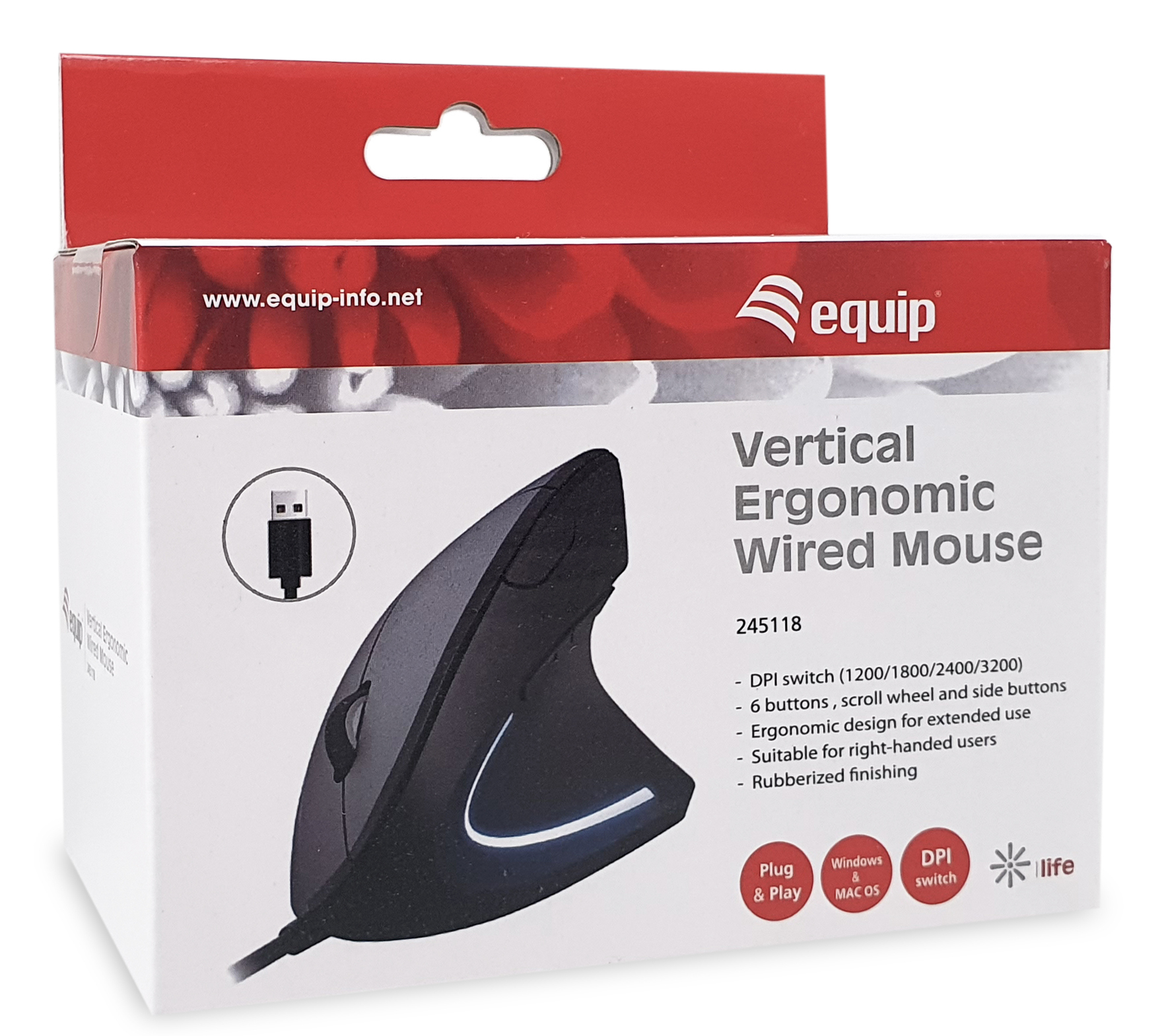 Equip Ergonomische Maus USB-A Stecker Rechts schwarz - Maus - 6 Tasten, Ansicht 4