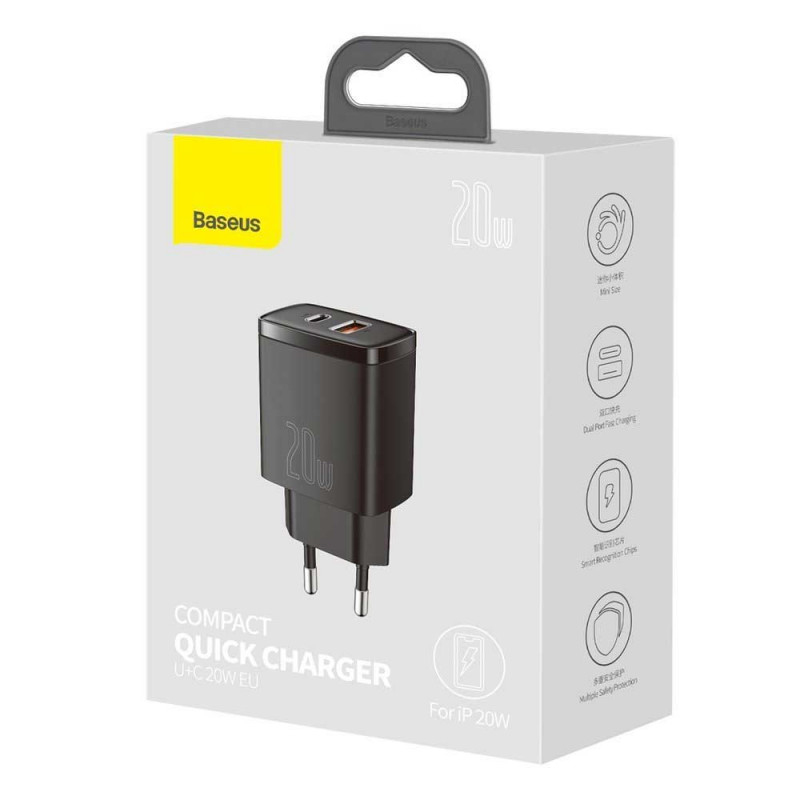 Baseus Compact Quick Adapter 20Watt USB-C+ USB-A sort, Ansicht 3