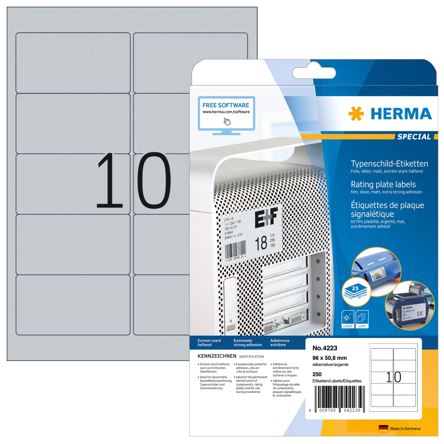 HERMA Special - Polyester - matt - permanent selbstklebend - Silber - 96 x 50.8 mm 250 Etikett(en) (25 Bogen x 10), Ansicht 2