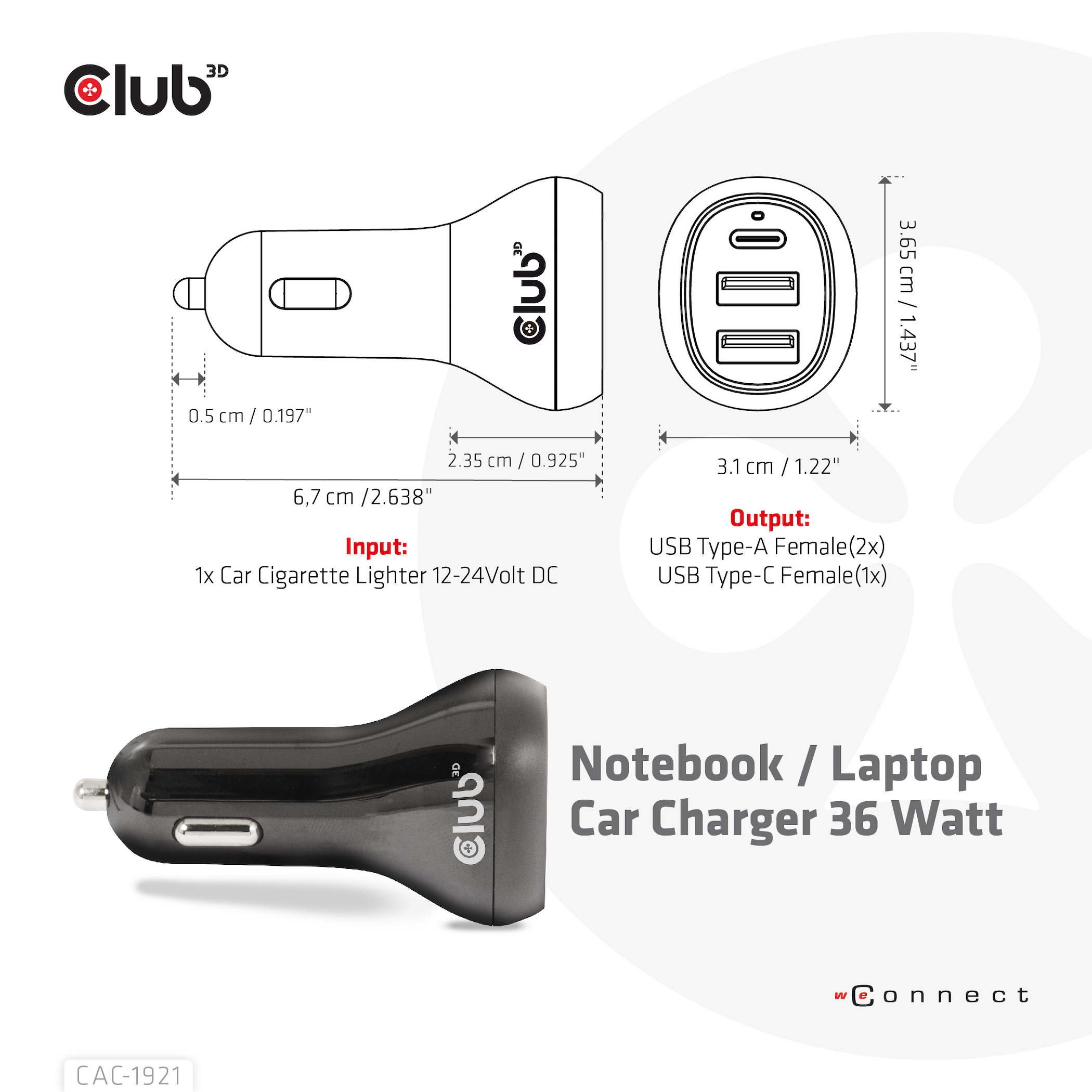 Club 3D CAC-1921 - Auto-Netzteil - 12 - 24 V, Ansicht 3
