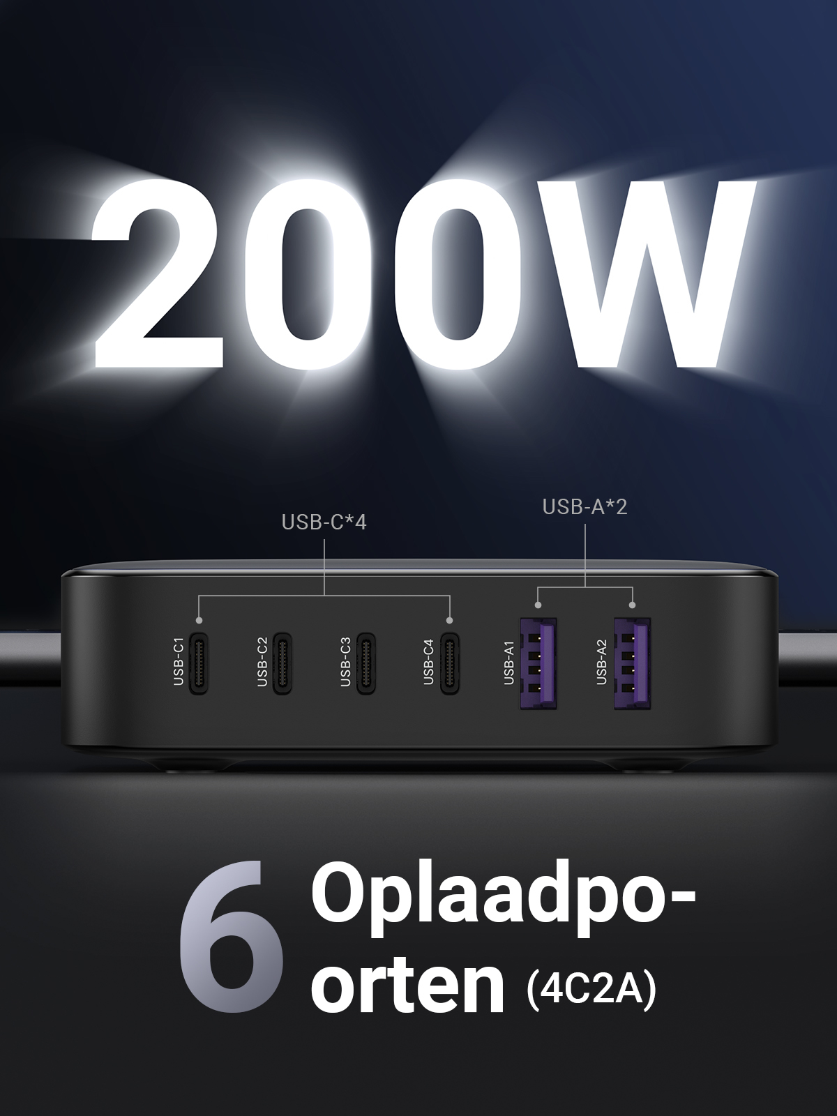 Ugreen Nexode - Netzteil - 200 Watt - 6 Ausgabeanschlussstellen (4 x USB-C, 2 x USB), Ansicht 2
