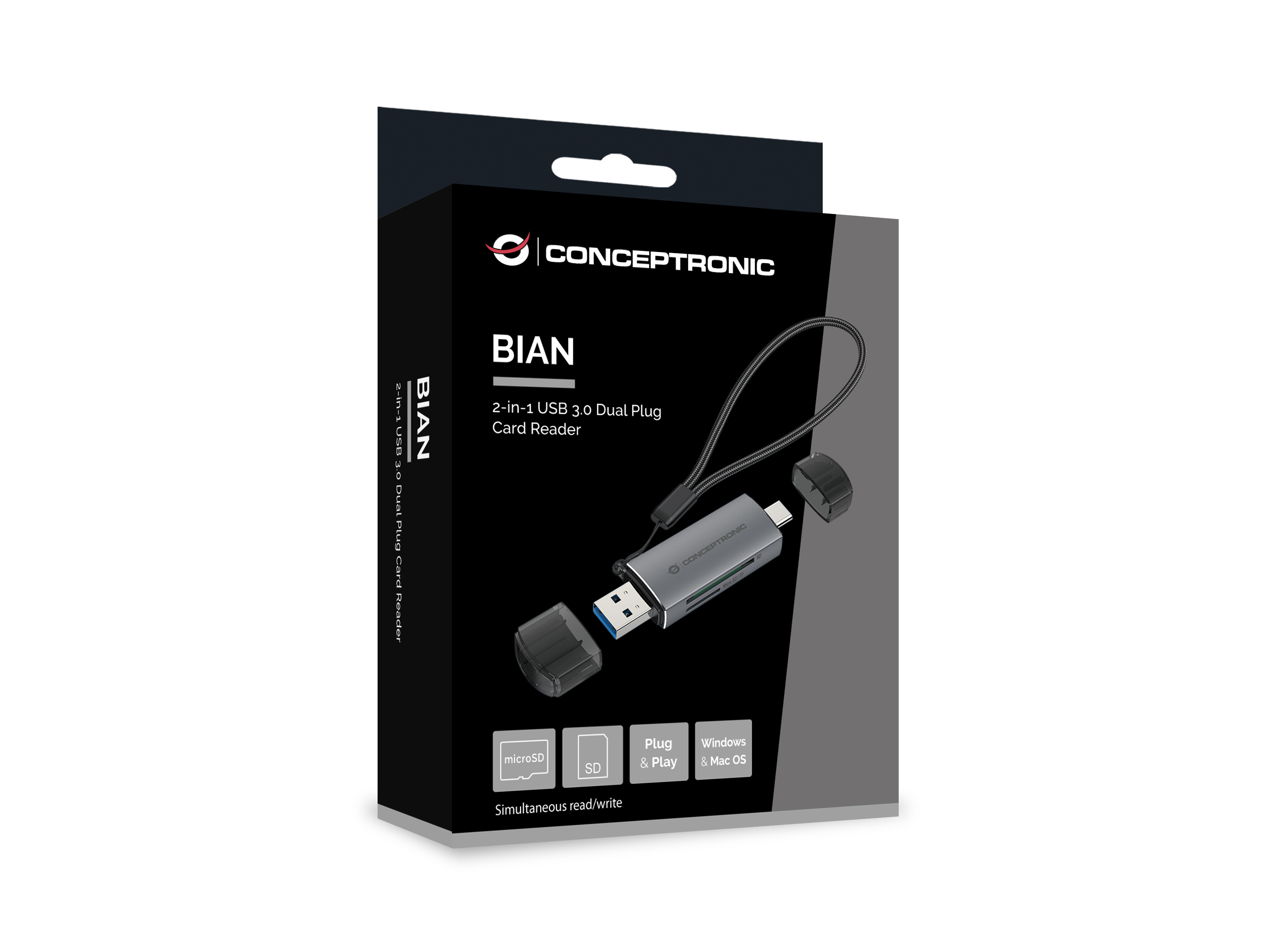 Conceptronic BIAN05G 2-in-1 Dual Plug Kartenleser USB 3.0 - SD/MicroSD 3.0 - UHS-I - MicroSD (TransFlash) - SD - SDHC, Ansicht 3