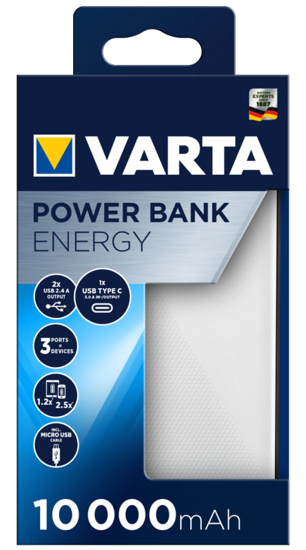 Varta Energy - Powerbank - 10000 mAh - 37 Wh - 15 Watt - 3 Ausgabeanschlussstellen (2 x USB, 24 pin USB-C), Ansicht 3